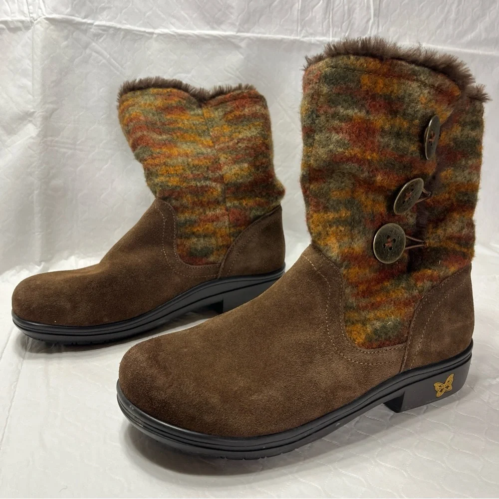 Alegria Nanook Boots Brown Suede Leather Faux Fur Lined Women Size 39 EU Cute